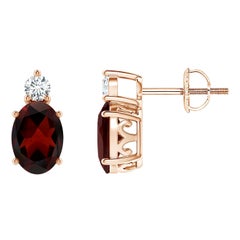 Natural Oval 1.8ct Garnet Stud Earrings w/ Diamond in 14K Rose Gold (Size-7x5mm)