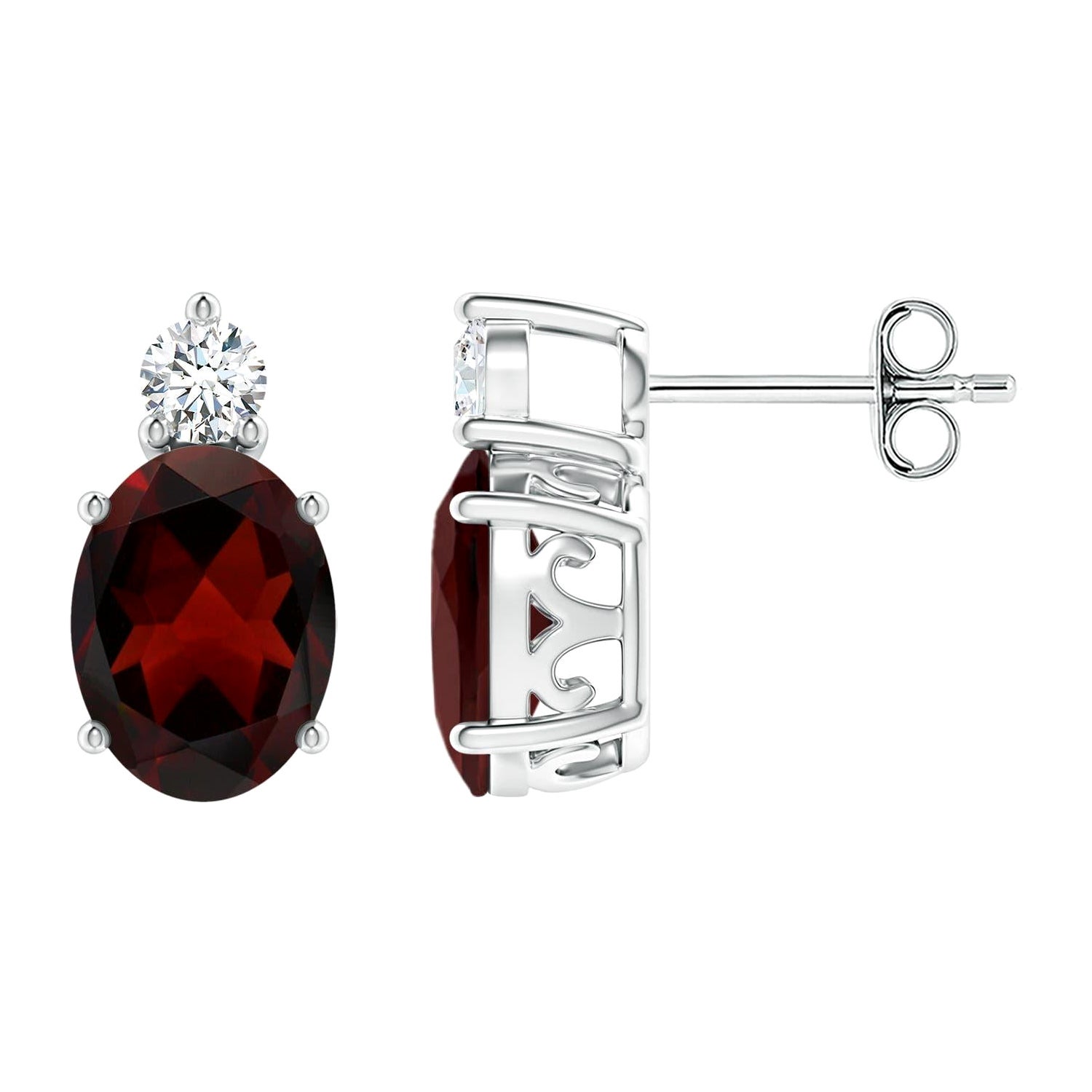 Natural Oval 2.9ct Garnet Stud Earrings with Diamond in 925 Sterling Silver