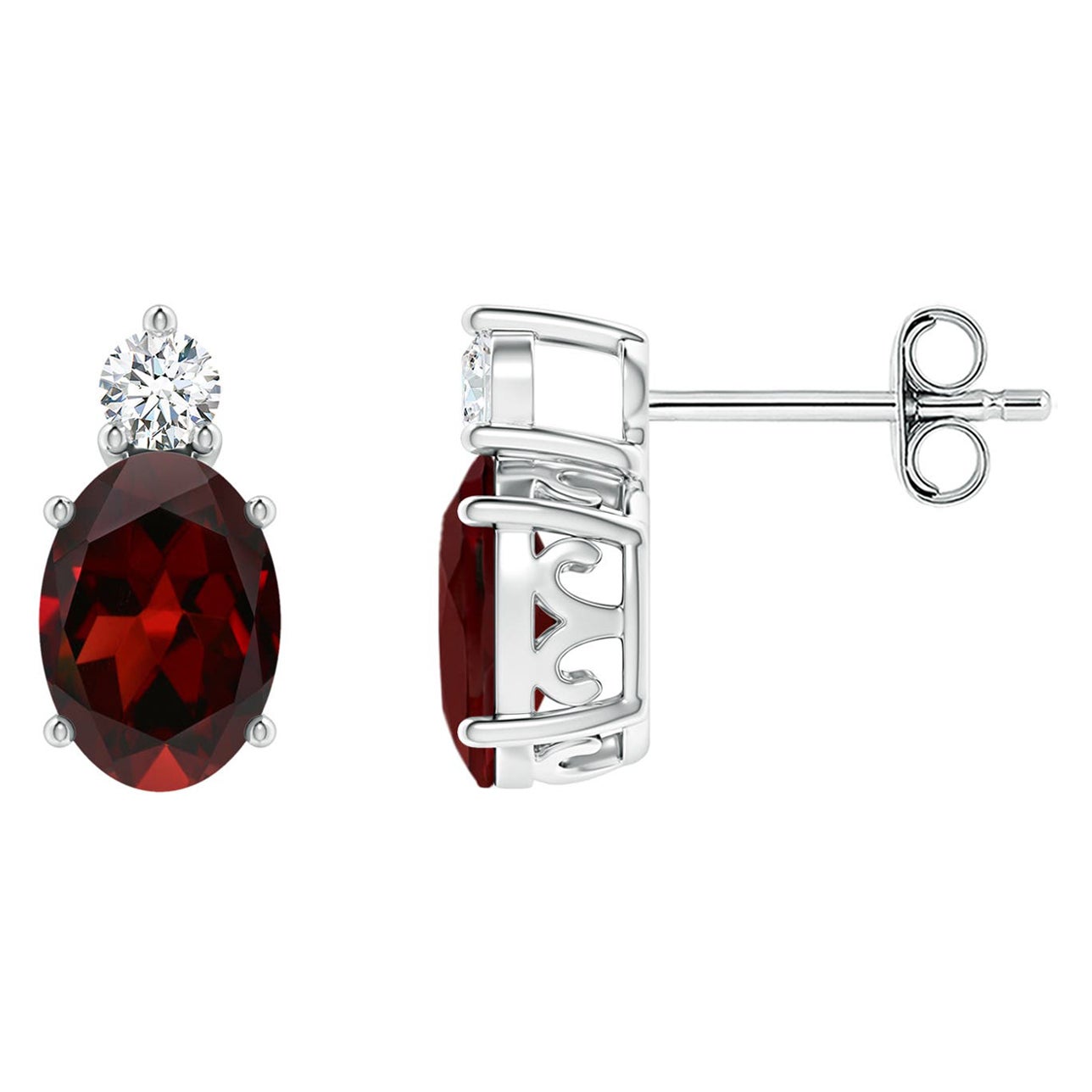 Natural Oval 1.8ct Garnet Stud Earrings w/ Diamond in 925 Sterling Silver