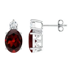 Natural Oval 2.9ct Garnet Stud Earrings with Diamond in 925 Sterling Silver