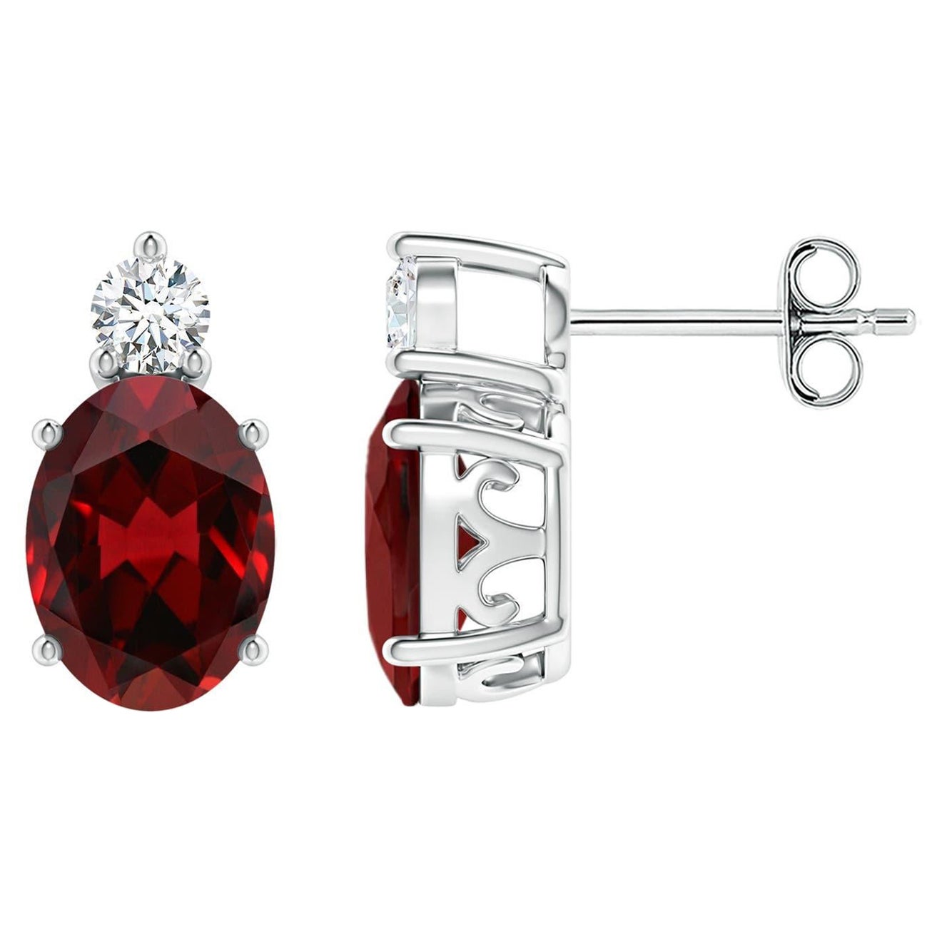 Natural Oval 2.9ct Garnet Stud Earrings with Diamond in 925 Sterling Silver