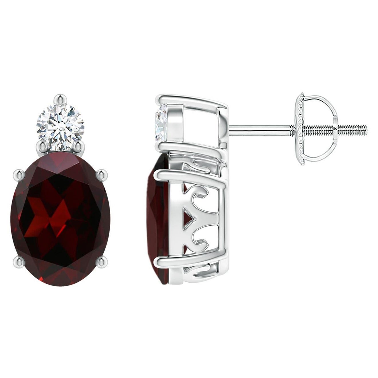 Natural Oval 2.9ct Garnet Stud Earrings with Diamond in 14K White Gold For Sale