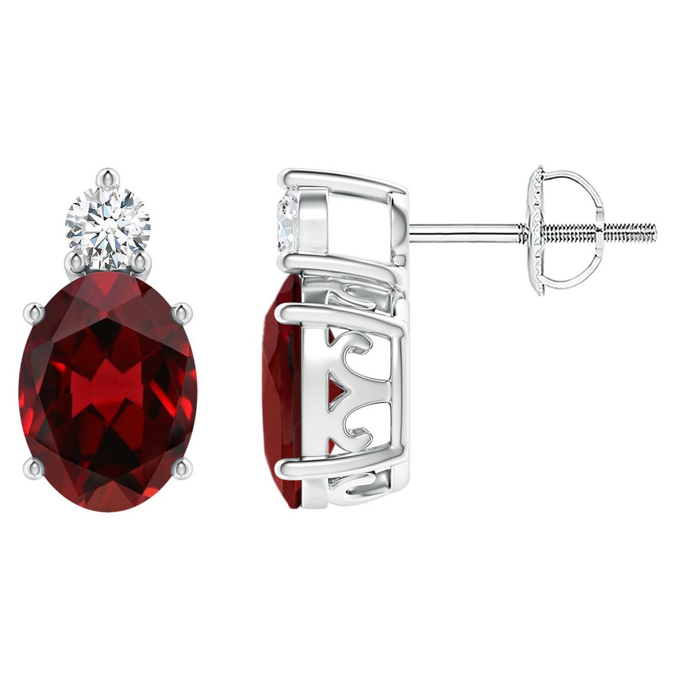 Natural Oval 2.9ct Garnet Stud Earrings with Diamond in 14K White Gold