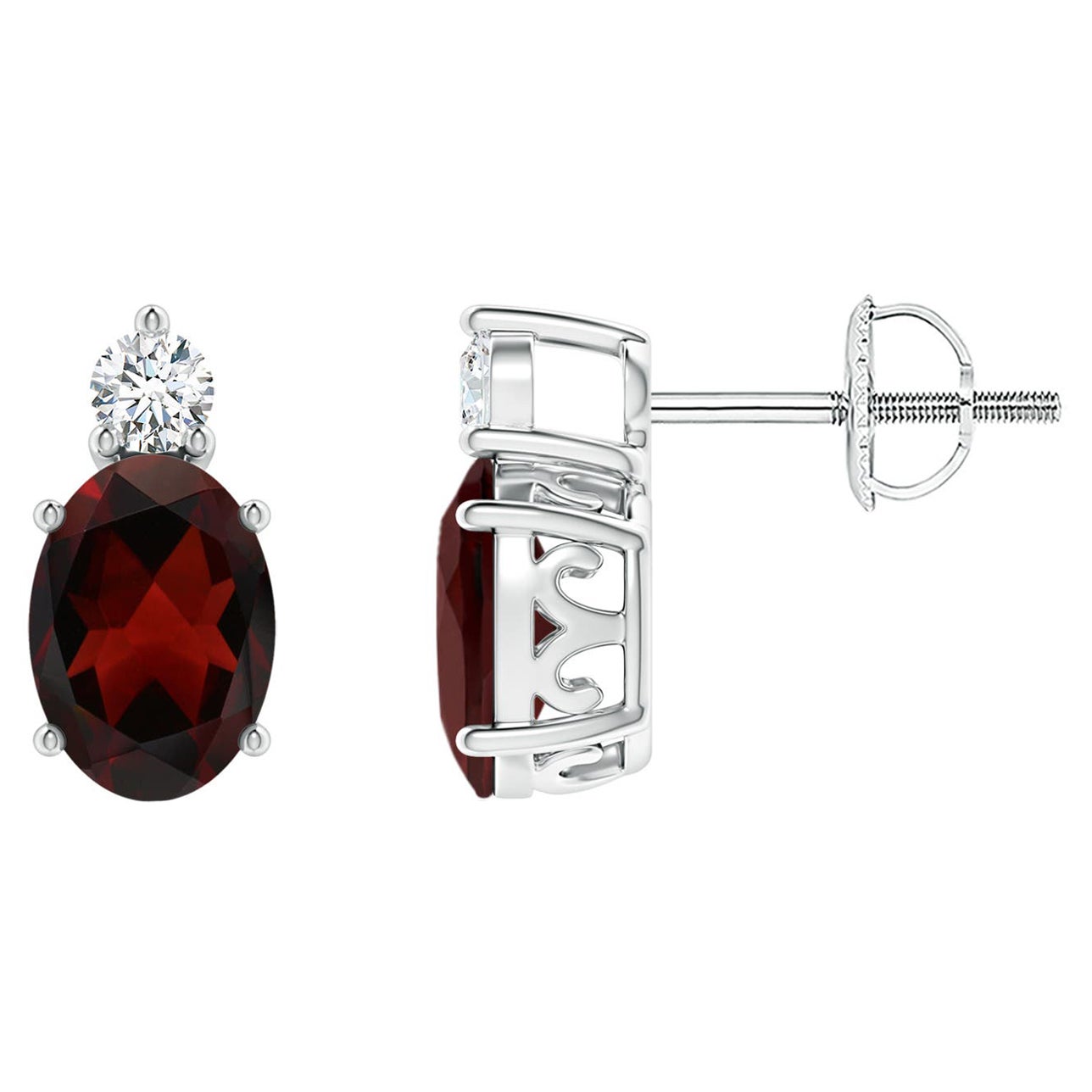 Natural Oval 1.8ct Garnet Stud Earrings w/ Diamond in 14K White Gold