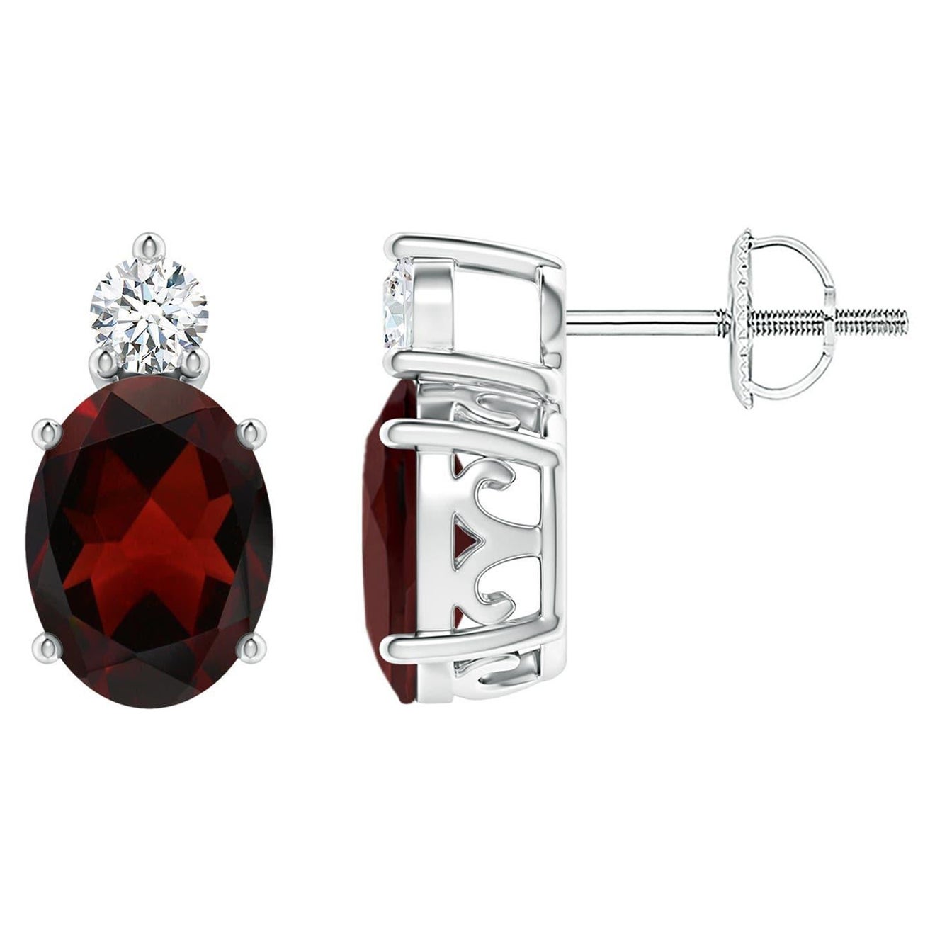 Natural Oval 2.9ct Garnet Stud Earrings with Diamond in 14K White Gold For Sale