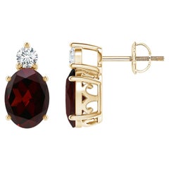 Natural Oval 2.9ct Garnet Stud Earrings with Diamond in 14K Yellow Gold