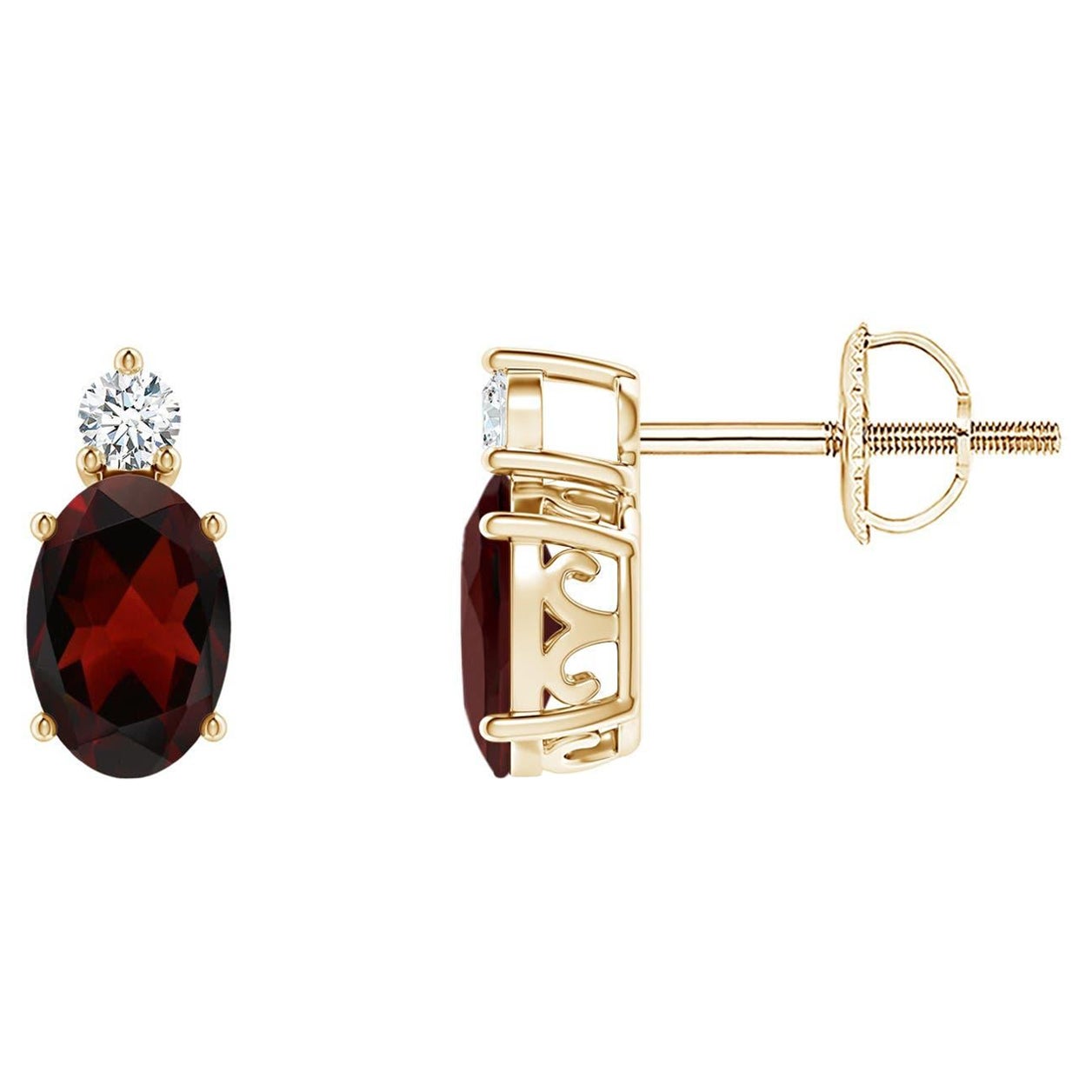 Natural Oval 1.1ct Garnet Stud Earrings w/ Diamond 14K Yellow Gold (Size-6x4mm) For Sale