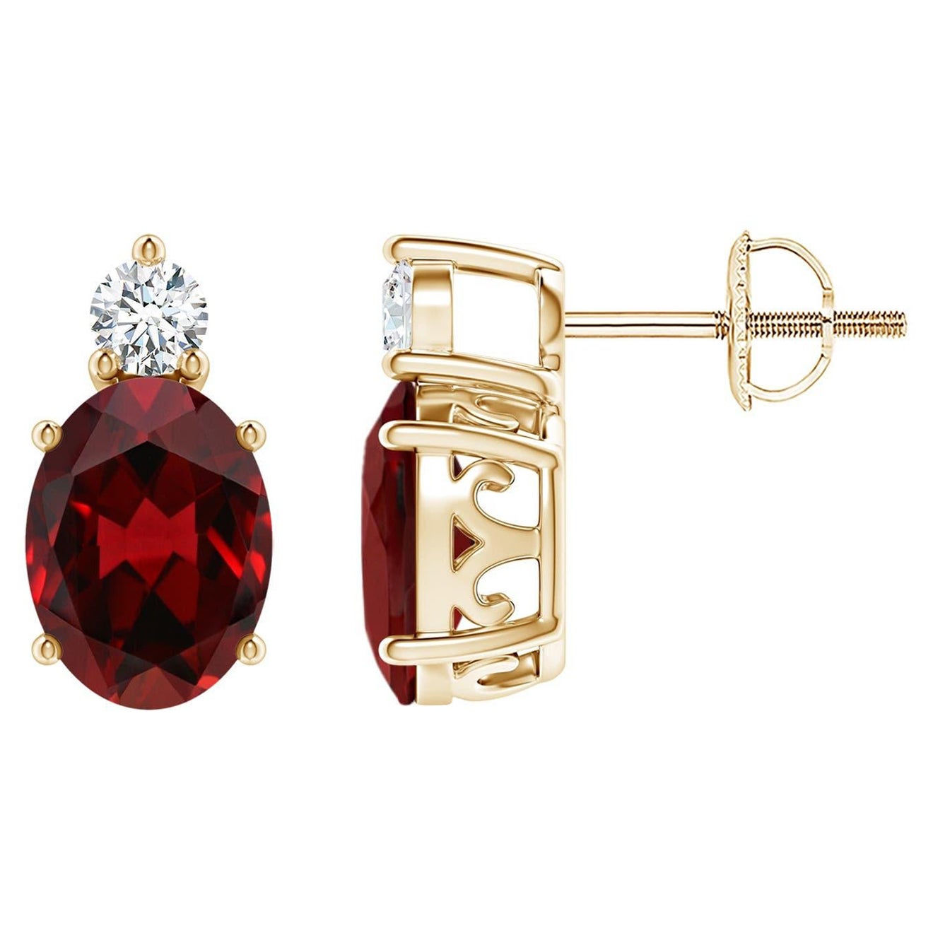Natural Oval 2.9ct Garnet Stud Earrings with Diamond in 14K Yellow Gold