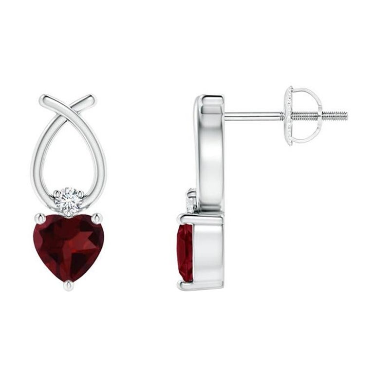Natural Heart Shaped 0.50ct Garnet Earrings with Diamond in Platinum