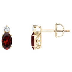 Natural Oval 0.50ct Garnet Stud Earrings with Diamond in 14K Yellow Gold