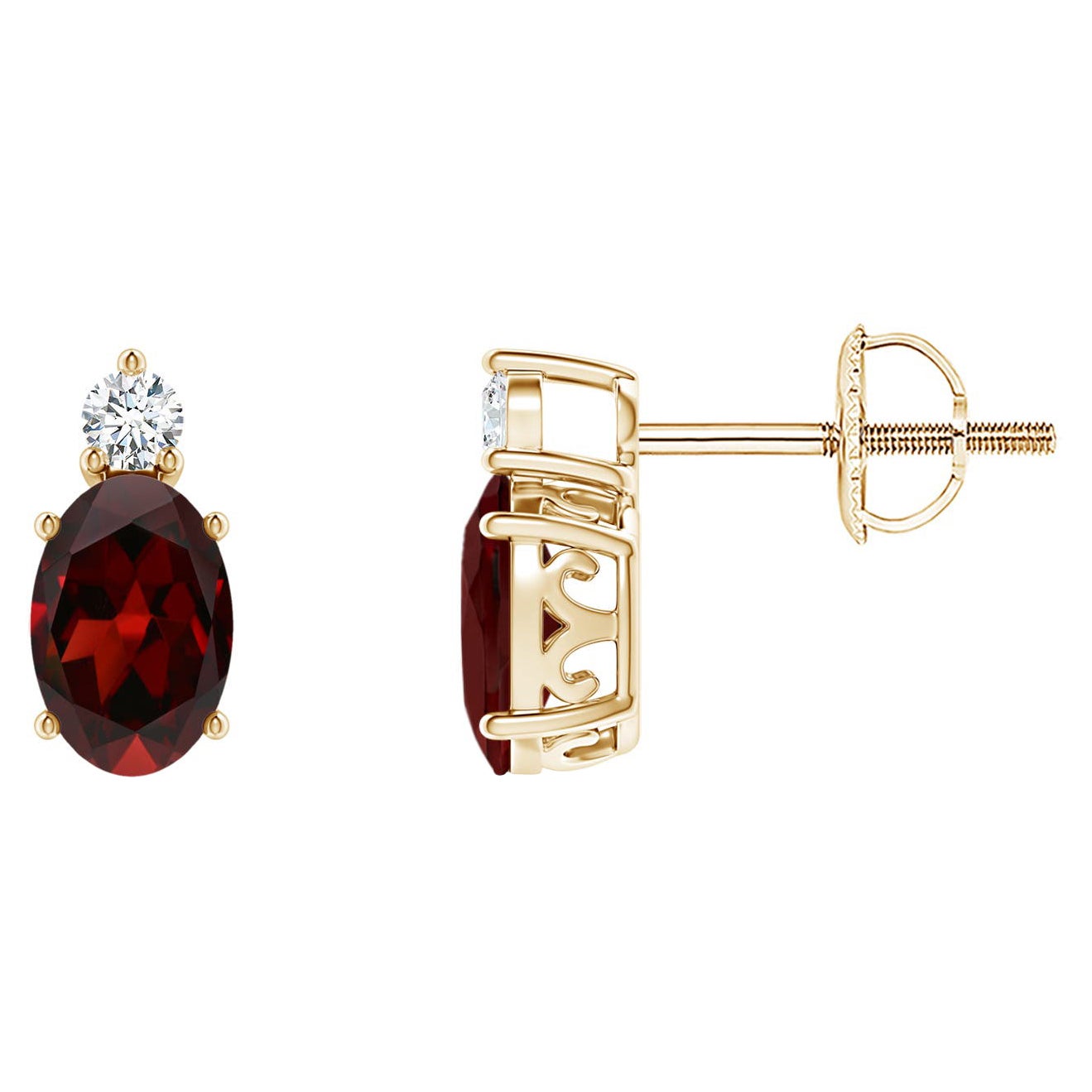 Natural Oval 1.1ct Garnet Stud Earrings w/ Diamond 14K Yellow Gold (Size-6x4mm)