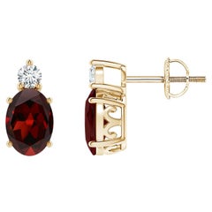 Natural Oval 1.8ct Garnet Stud Earrings w/ Diamond 14K Yellow Gold (Size-7x5mm)