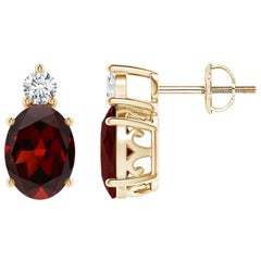 Natural Oval 2.9ct Garnet Stud Earrings with Diamond in 14K Yellow Gold