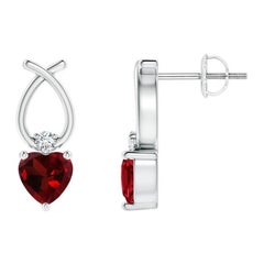 Natural Heart Shaped 0.90ct Garnet Earrings with Diamond in Platinum