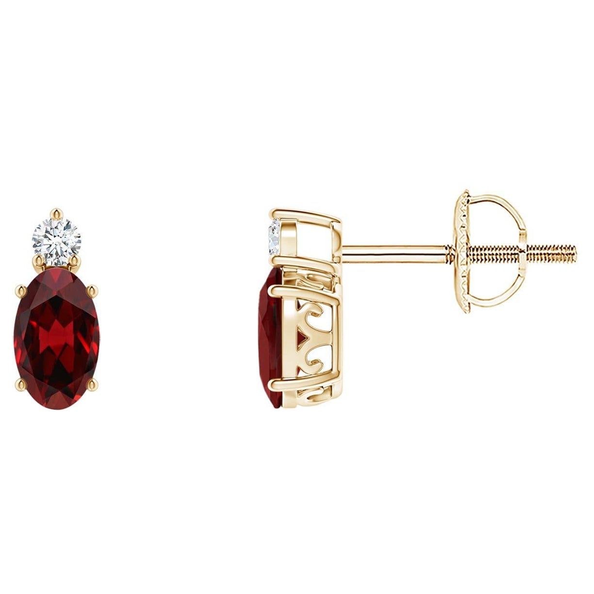 Natural Oval 0.50ct Garnet Stud Earrings with Diamond in 14K Yellow Gold For Sale