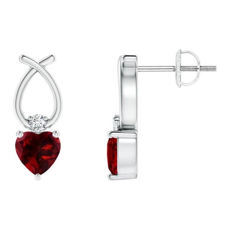 Natural Heart Shaped 0.50ct Garnet Earrings with Diamond in Platinum For Sale