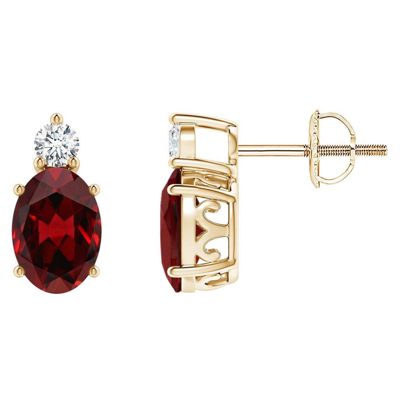 Natural Oval 1.8ct Garnet Stud Earrings w/ Diamond 14K Yellow Gold (Size-7x5mm) For Sale