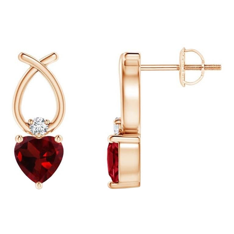 Natural Heart Shaped 0.90ct Garnet Earrings with Diamond in 14K Rose Gold For Sale