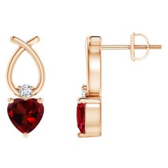 Boucles d'oreilles en or rose 14 carats avec grenat naturel en forme de cœur de 0,90 carat et diamants