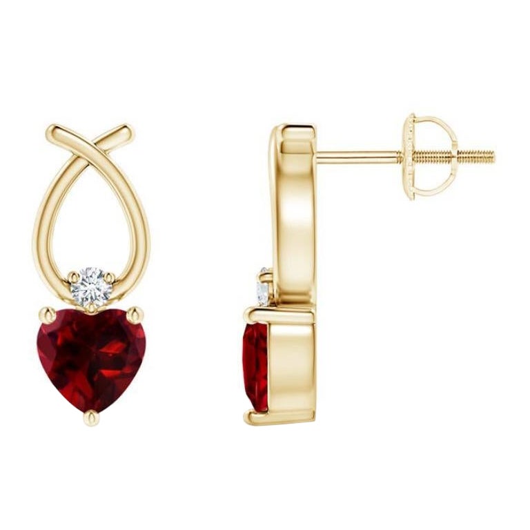 Natural Heart Shaped 0.90ct Garnet Earrings with Diamond in 14K Yellow Gold For Sale