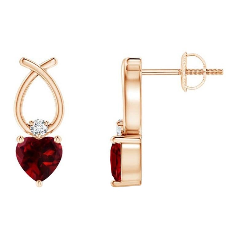 Boucles d'oreilles en or rose 14 carats avec grenat naturel en forme de cœur de 0,50 carat et diamants en vente