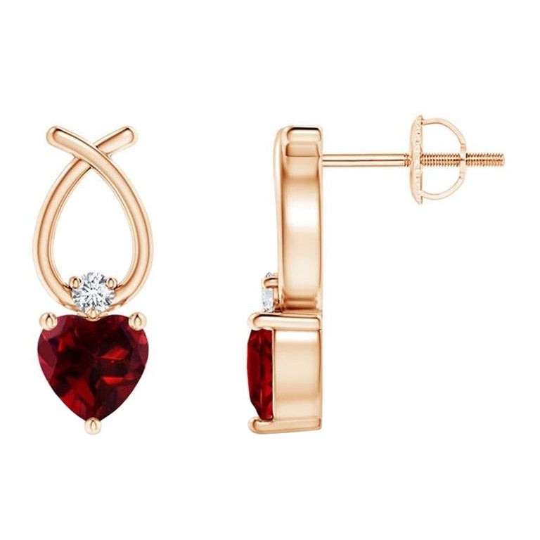 Natural Heart Shaped 0.90ct Garnet Earrings with Diamond in 14K Rose Gold For Sale