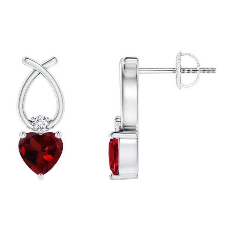 Natural Heart Shaped 0.50ct Garnet Earrings with Diamond in 14K White Gold For Sale
