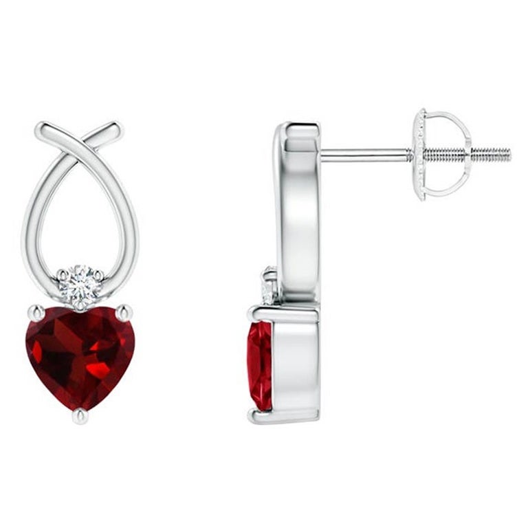 Natural Heart Shaped 0.50ct Garnet Earrings with Diamond in 14K White Gold
