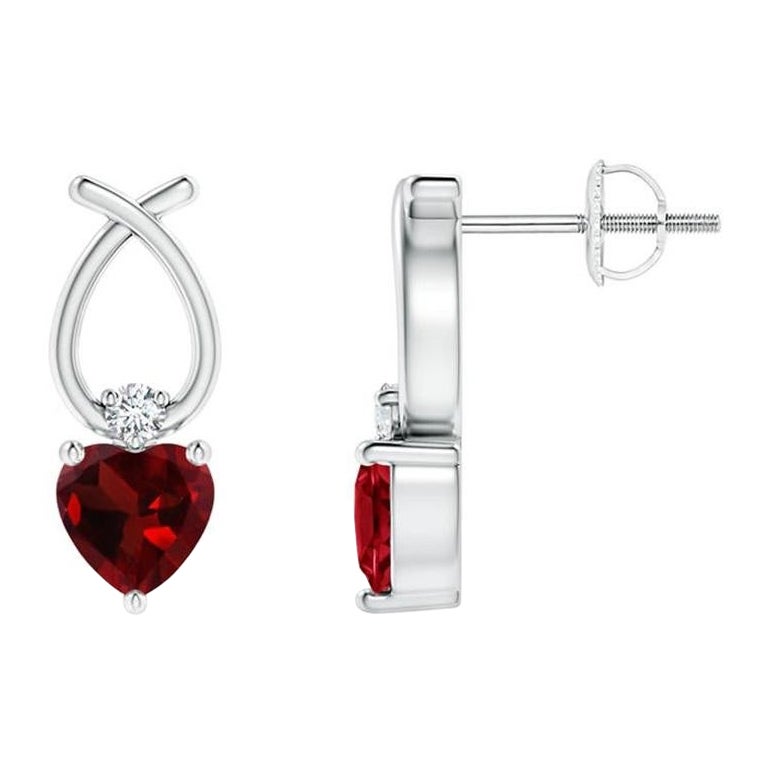 Natural Heart Shaped 0.90ct Garnet Earrings with Diamond in 14K White Gold For Sale