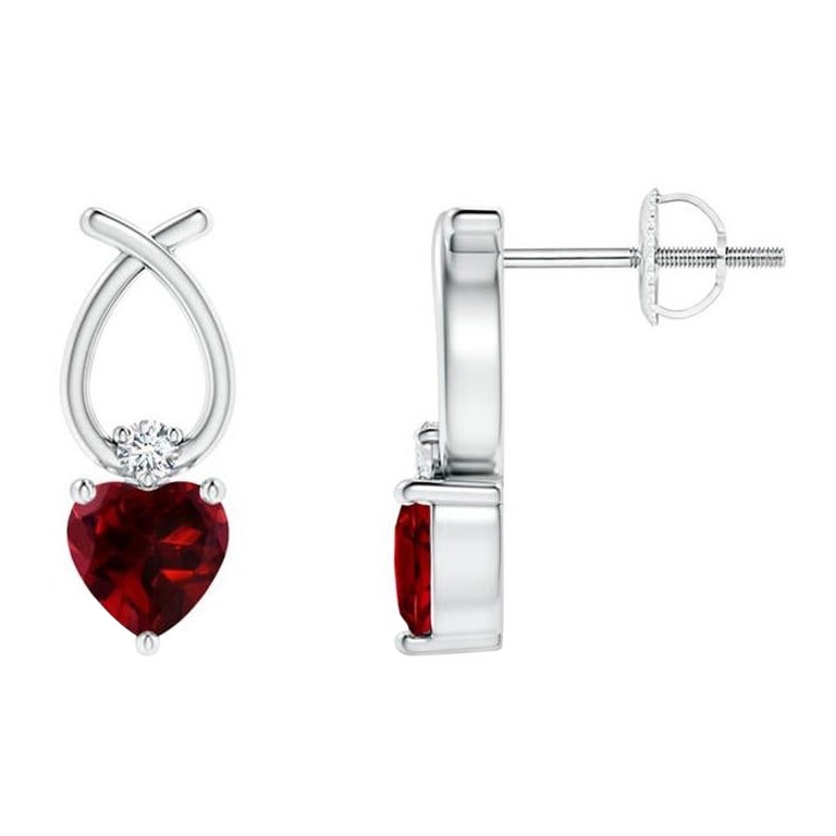 Natural Heart Shaped 0.50ct Garnet Earrings with Diamond in 14K White Gold