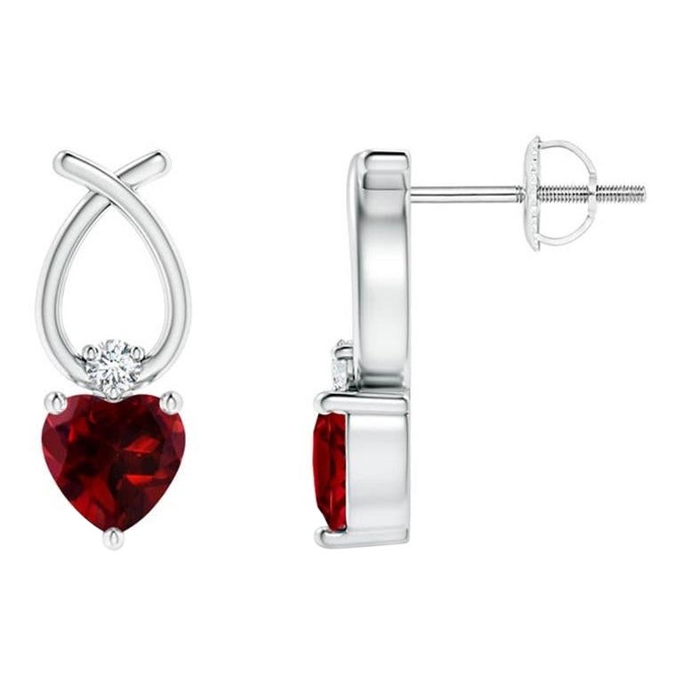 Natural Heart Shaped 0.90ct Garnet Earrings with Diamond in 14K White Gold