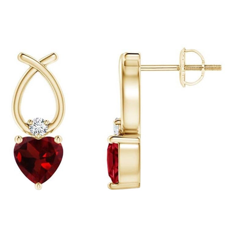 Natural Heart Shaped 0.90ct Garnet Earrings with Diamond in 14K Yellow Gold For Sale