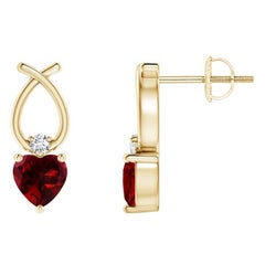 Boucles d'oreilles en or jaune 14 carats avec grenat naturel en forme de cœur de 0,50 carat et diamants