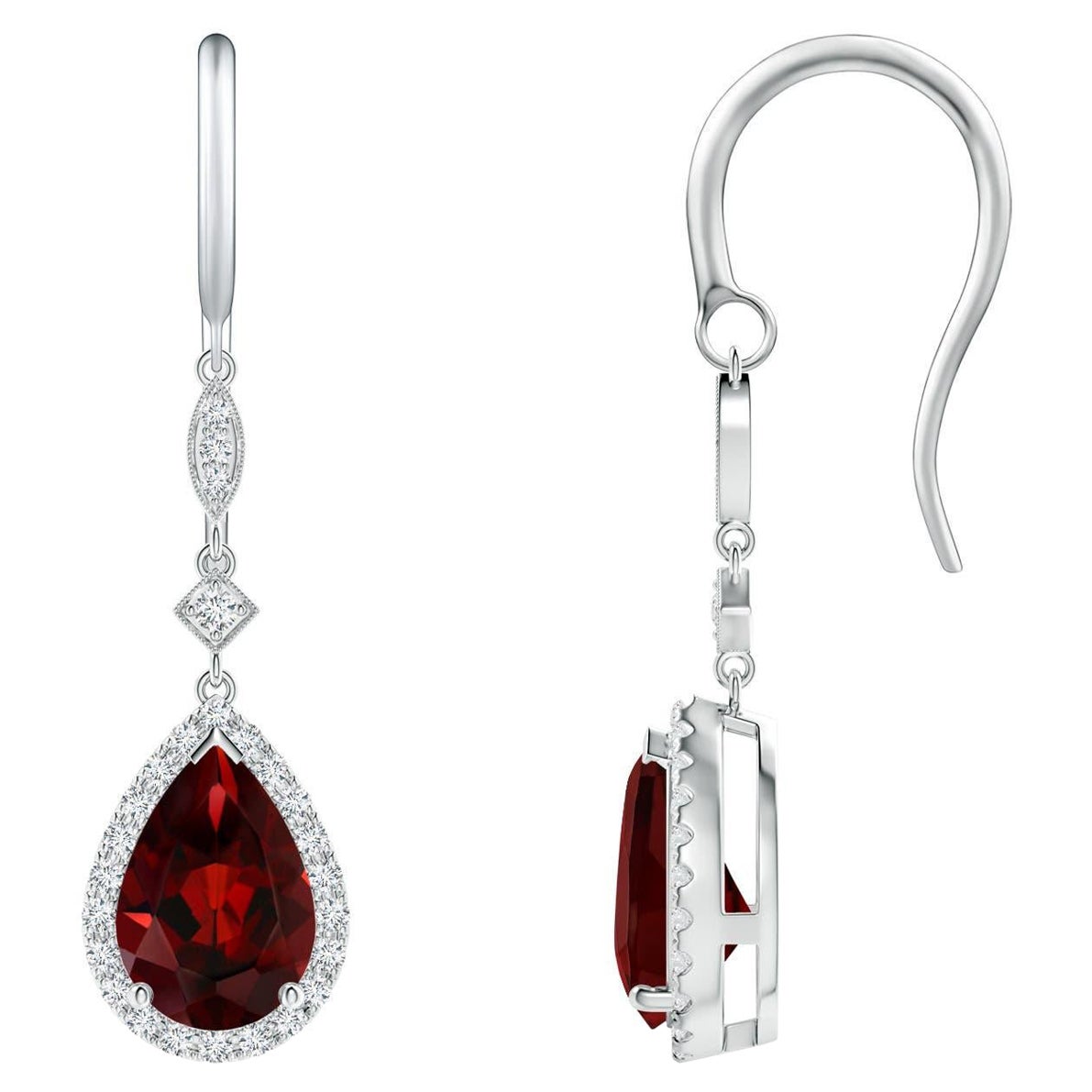 Natural Pear-Shaped 3ct Garnet Drop Earrings with Diamond in Platinum For Sale