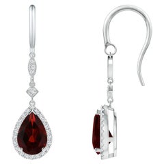 Boucles d'oreilles pendantes en or blanc 14 carats avec grenat naturel en forme de poire de 3 carats et diamants