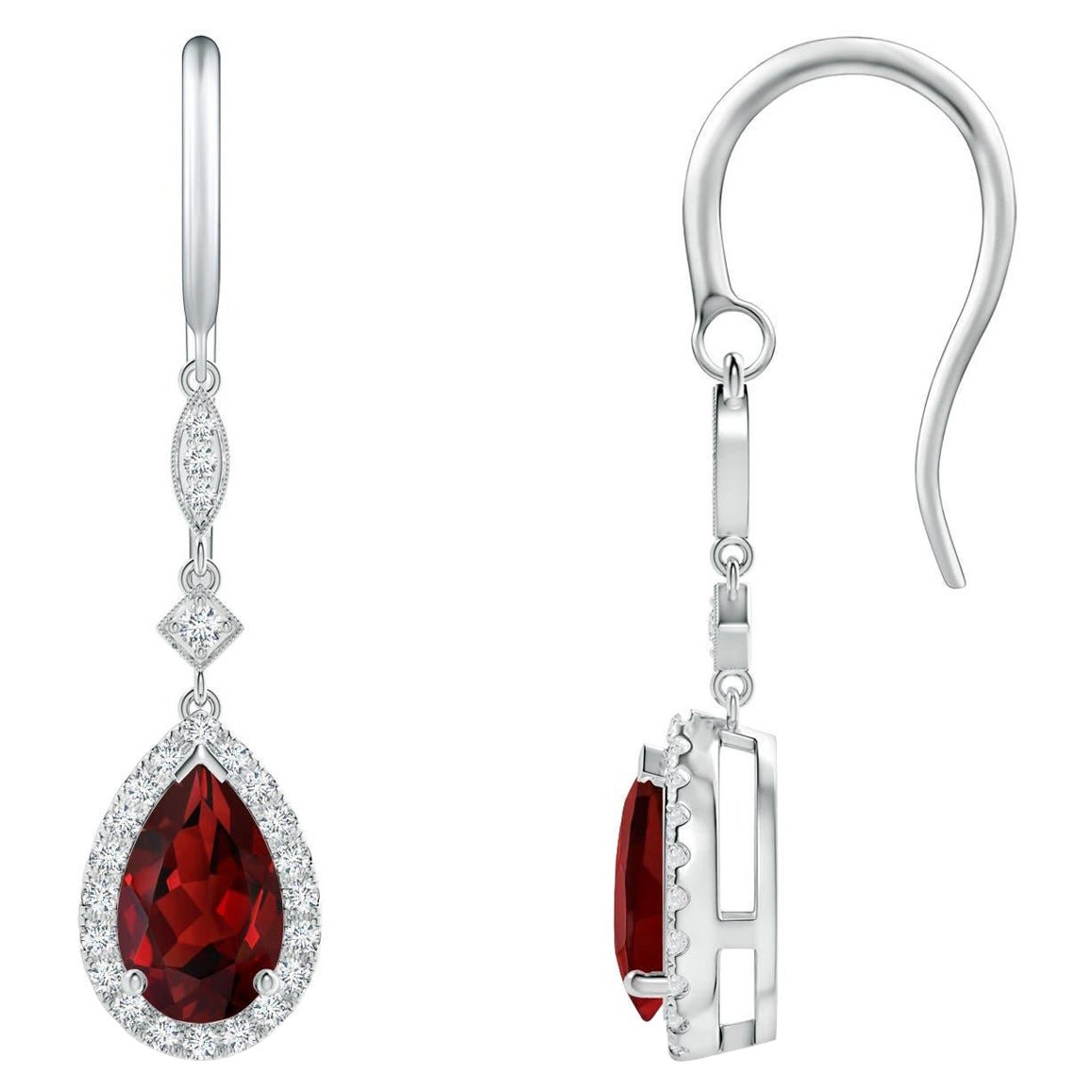Natural Pear-Shaped 2.4ct Garnet Drop Earrings with Diamond in Platinum For Sale