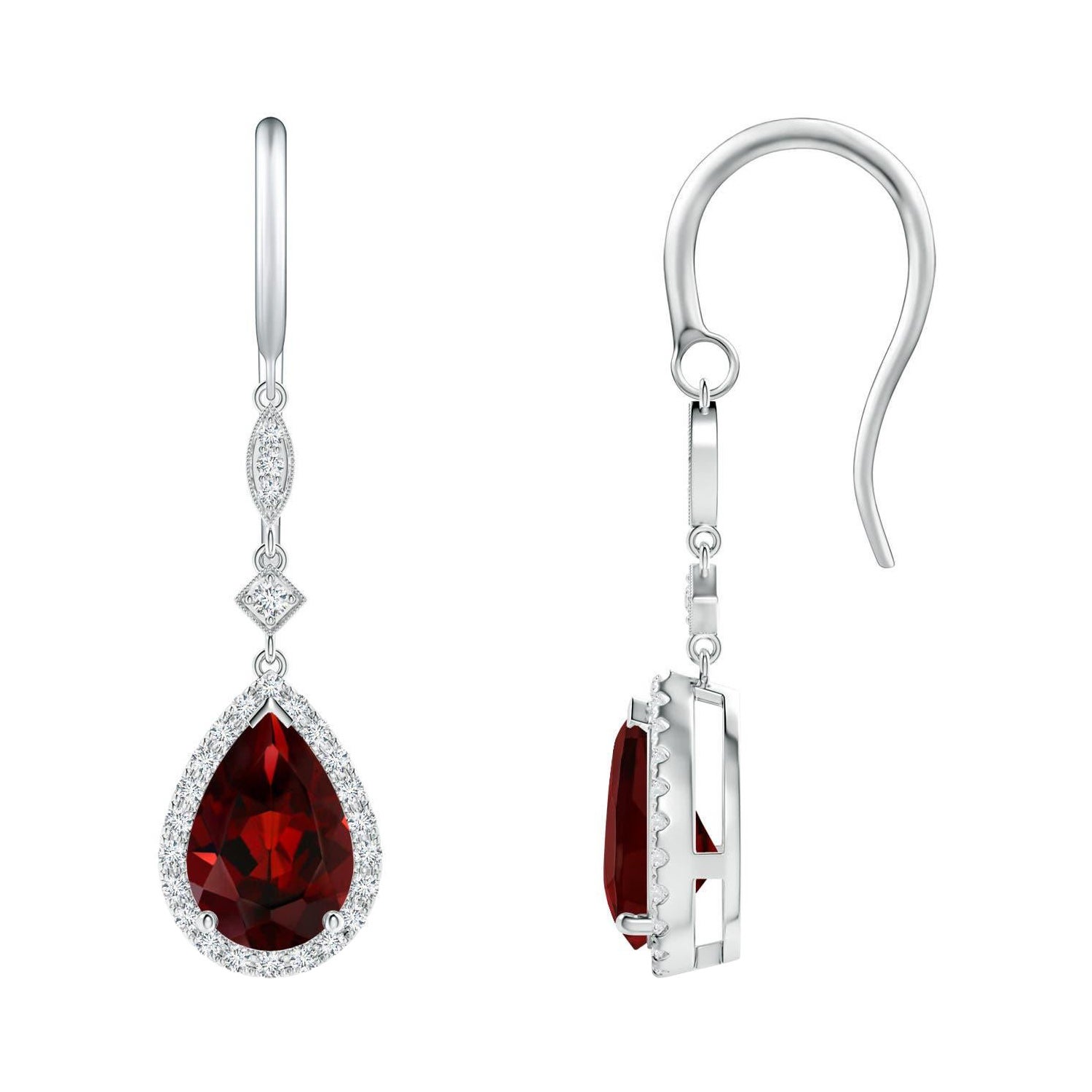 Boucles d'oreilles pendantes en or blanc 14 carats avec grenat naturel en forme de poire de 3 carats et diamants en vente