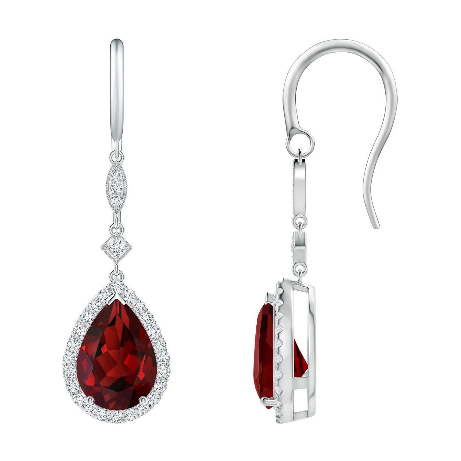 Natural Pear-Shaped 4.2ct Garnet Drop Earrings with Diamond in 14K White Gold For Sale