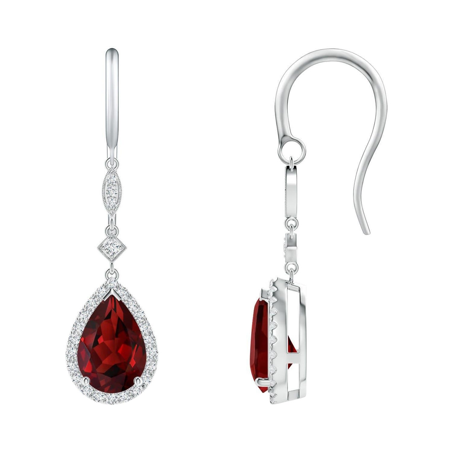 Natural Pear-Shaped 3ct Garnet Drop Earrings with Diamond in 14K White Gold For Sale