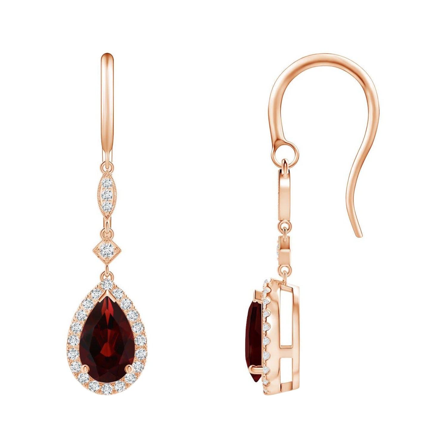 Boucles d'oreilles pendantes en or rose 14 carats avec grenat naturel en forme de poire de 2,4 carats et diamants en vente