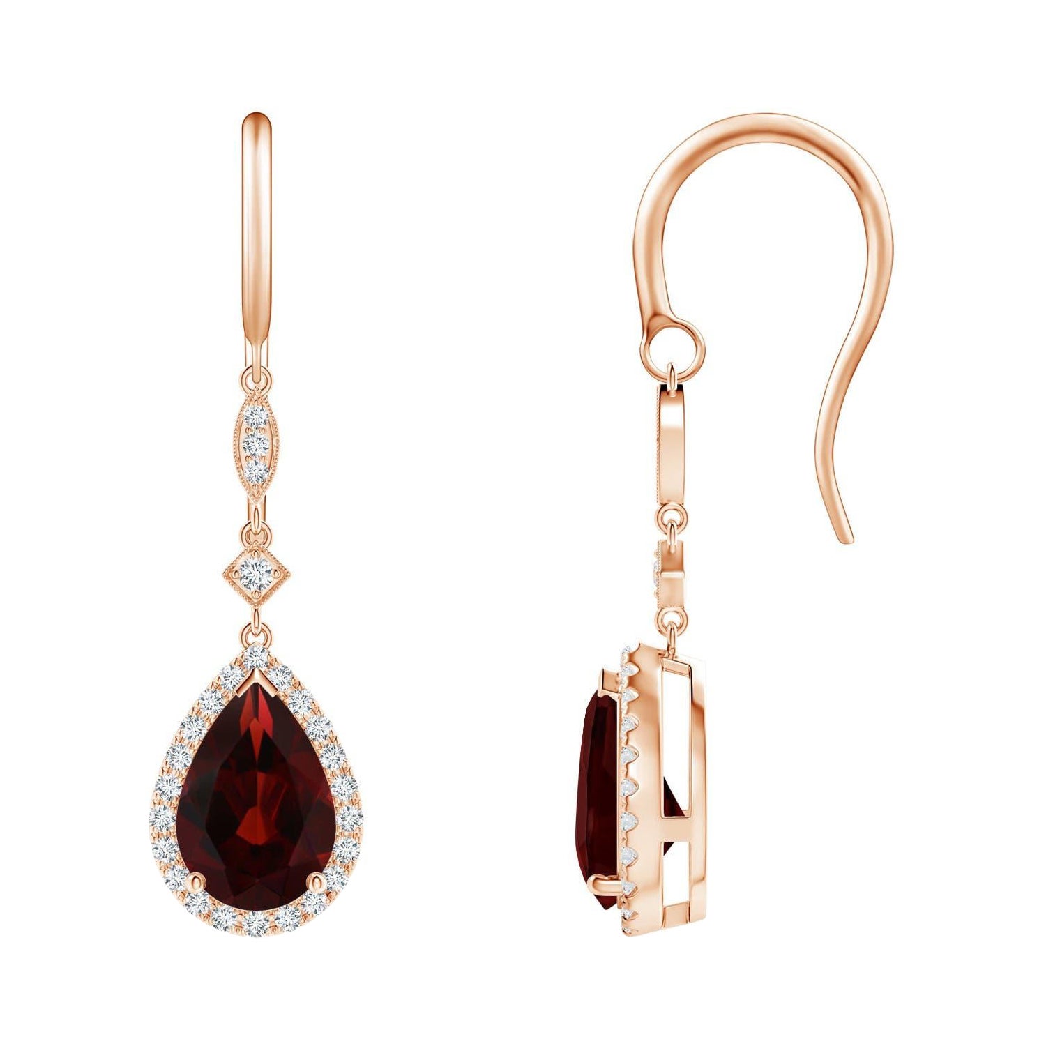 Boucles d'oreilles pendantes en or rose 14 carats avec grenat naturel en forme de poire de 3 carats et diamants en vente