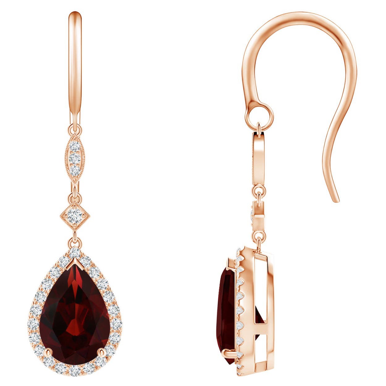 Natural Pear-Shaped 3ct Garnet Drop Earrings with Diamond in 14K Rose Gold