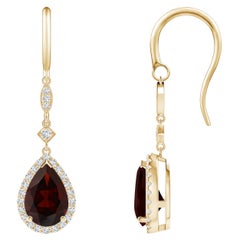 Boucles d'oreilles pendantes en or jaune 14 carats avec grenat naturel en forme de poire de 3 carats et diamants
