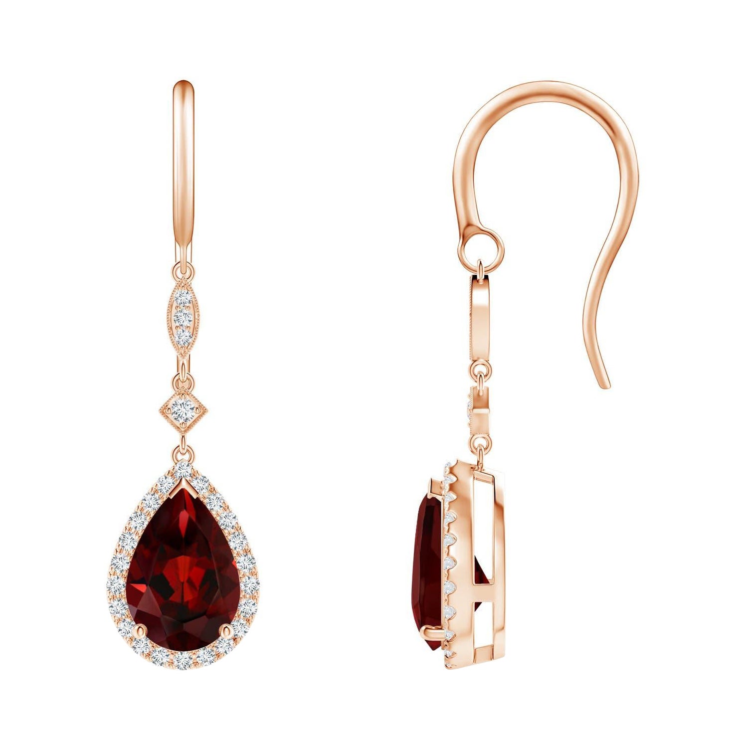 Natural Pear-Shaped 3ct Garnet Drop Earrings with Diamond in 14K Rose Gold For Sale