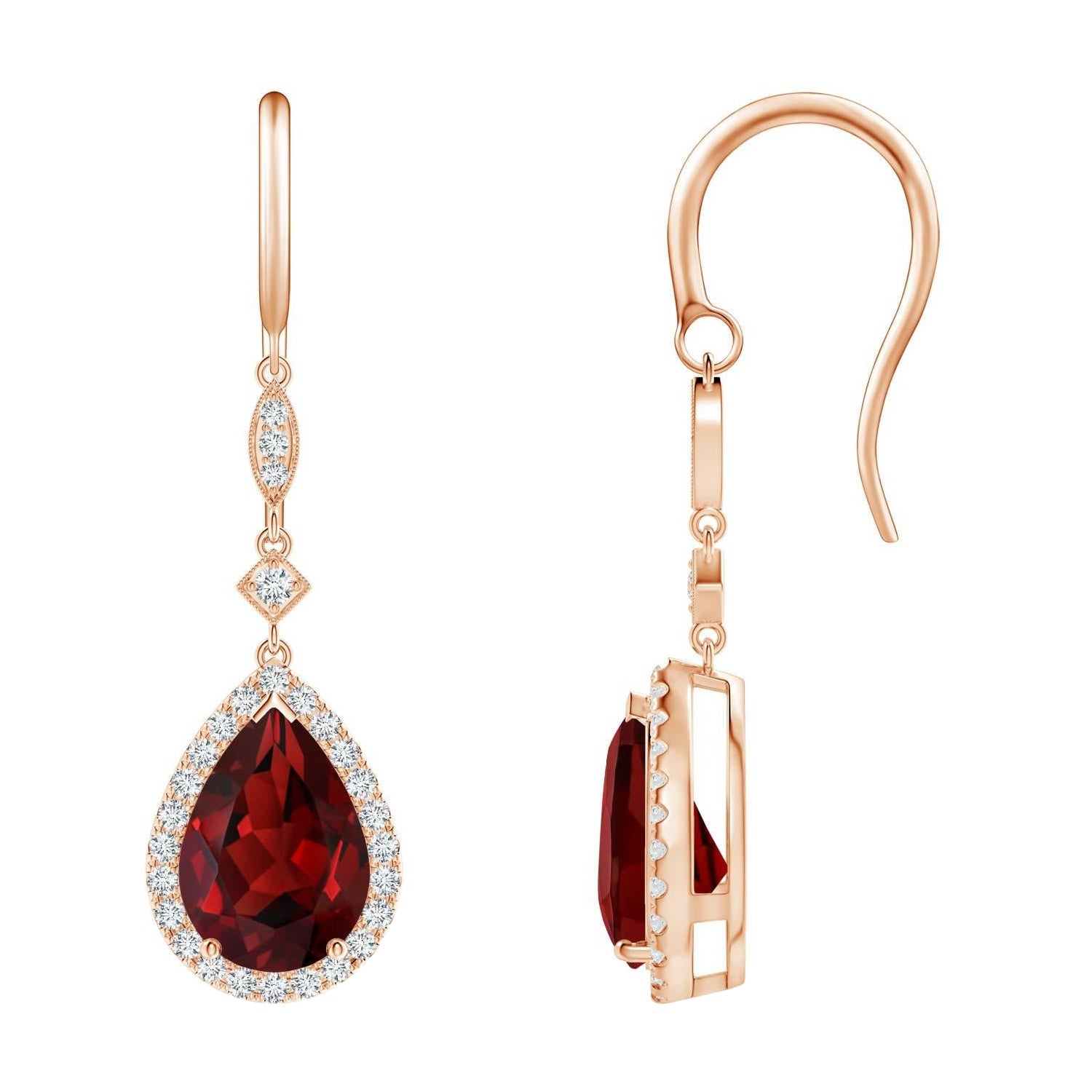 Boucles d'oreilles pendantes en or rose 14 carats avec grenat naturel en forme de poire de 4,2 carats et diamants