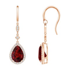 Boucles d'oreilles pendantes en or rose 14 carats avec grenat naturel en forme de poire de 4,2 carats et diamants