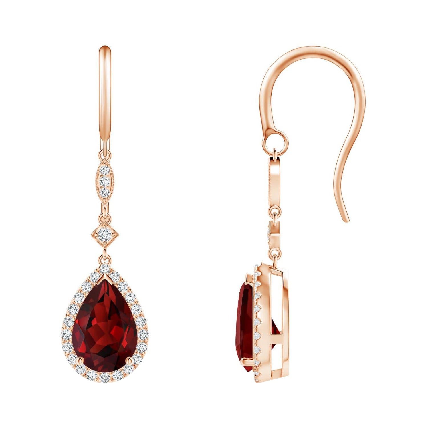 Boucles d'oreilles pendantes en or rose 14 carats avec grenat naturel en forme de poire de 3 carats et diamants en vente