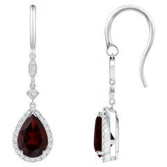 Natural Pear-Shaped 3ct Garnet Drop Earrings with Diamond in 14K White Gold