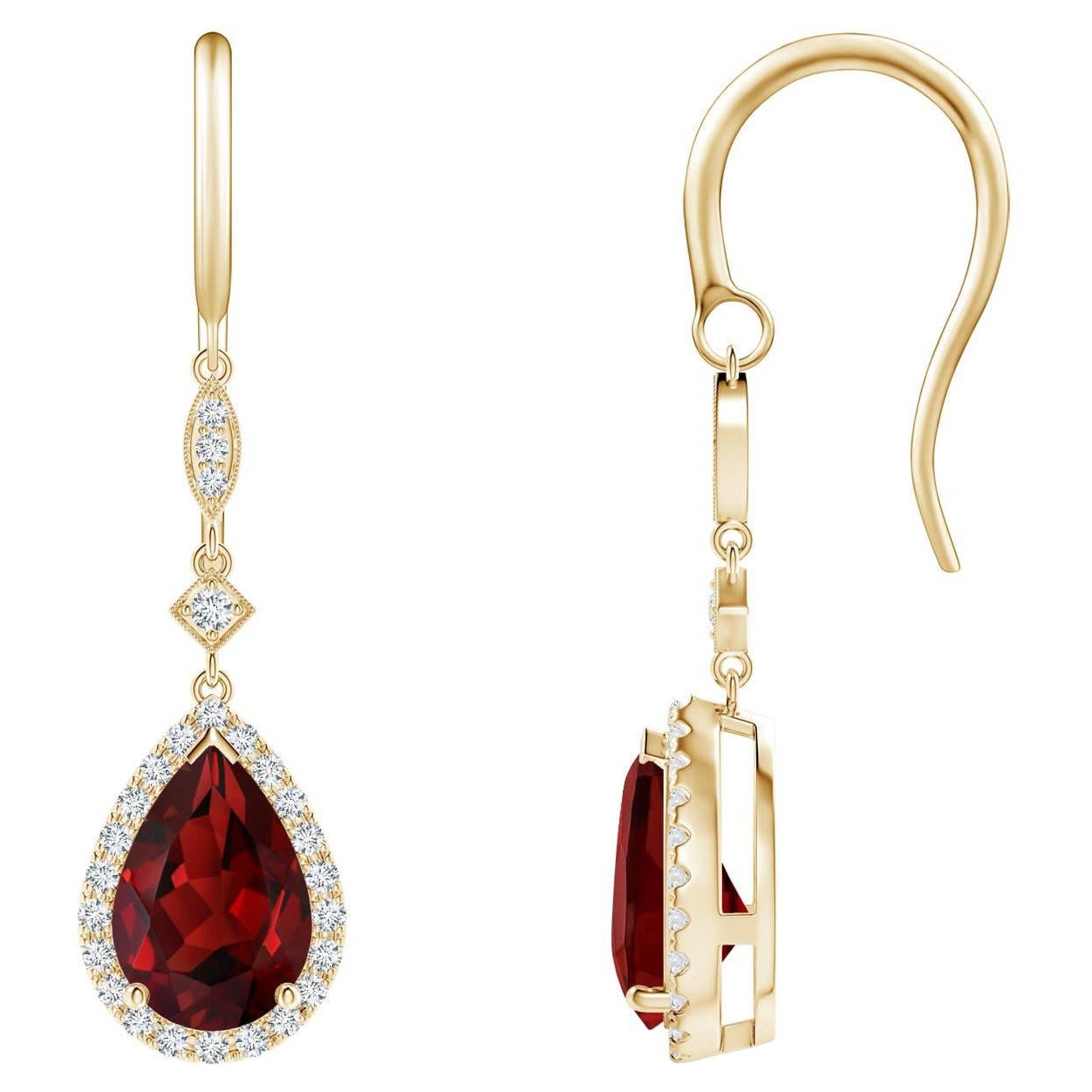 Natural Pear-Shaped 3ct Garnet Drop Earrings with Diamond in 14K Yellow Gold