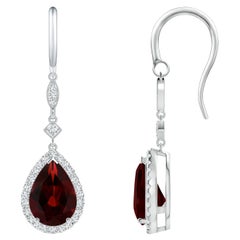 Boucles d'oreilles pendantes en or blanc 14 carats avec grenat naturel en forme de poire de 4,2 carats et diamants